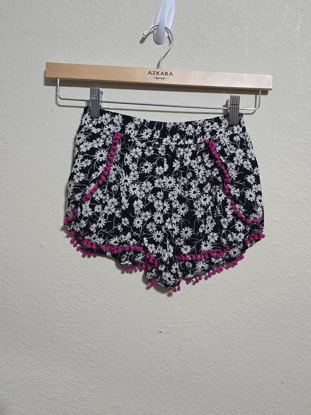 Girls' Black Floral Shorts with Pink Pom-Pom Trim